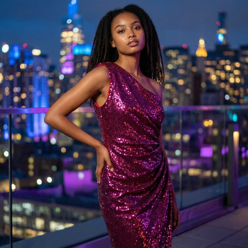 DRESS THE POPULATION Fuchsia Sequin One Shoulder Dress​